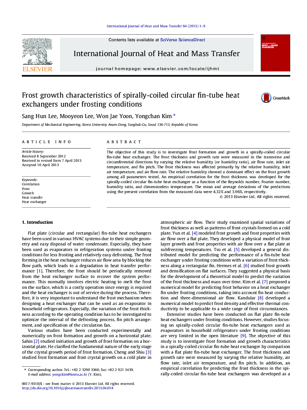 Frost growth characteristics of spirally-coiled circular fin-tube heat exchangers under frosting conditions