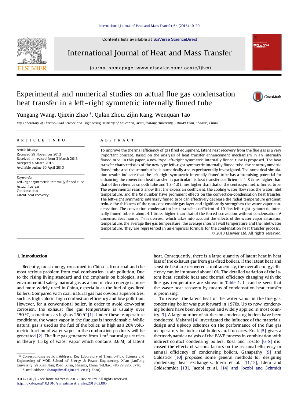 مطالعات تجربی و عددی در انتقال گرمایی متراکم گاز مستقیم در یک لوله نیمه راست چپ و راست متقاطع داخلی 