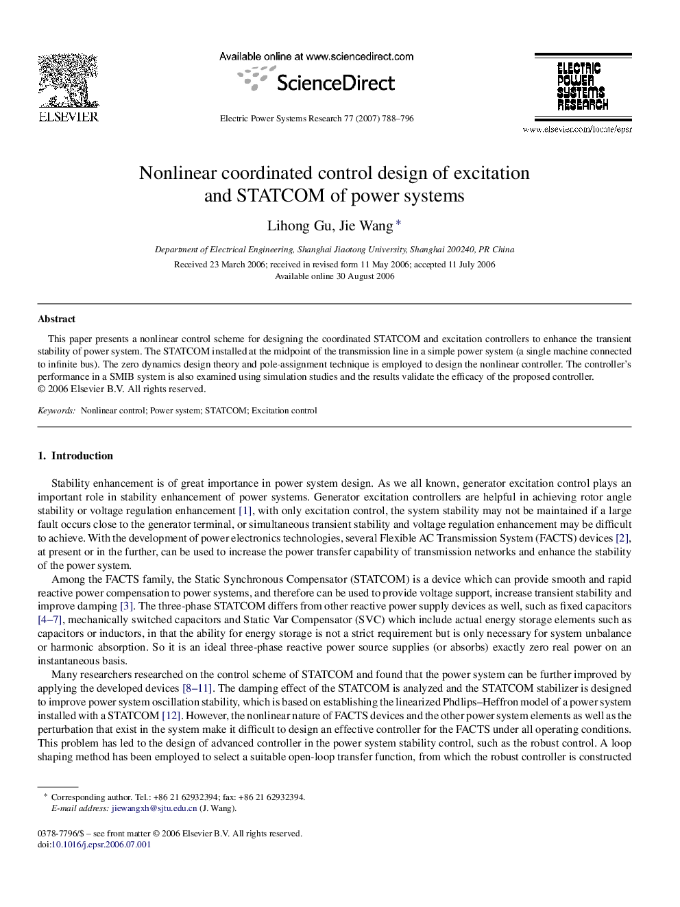 Nonlinear coordinated control design of excitation and STATCOM of power systems