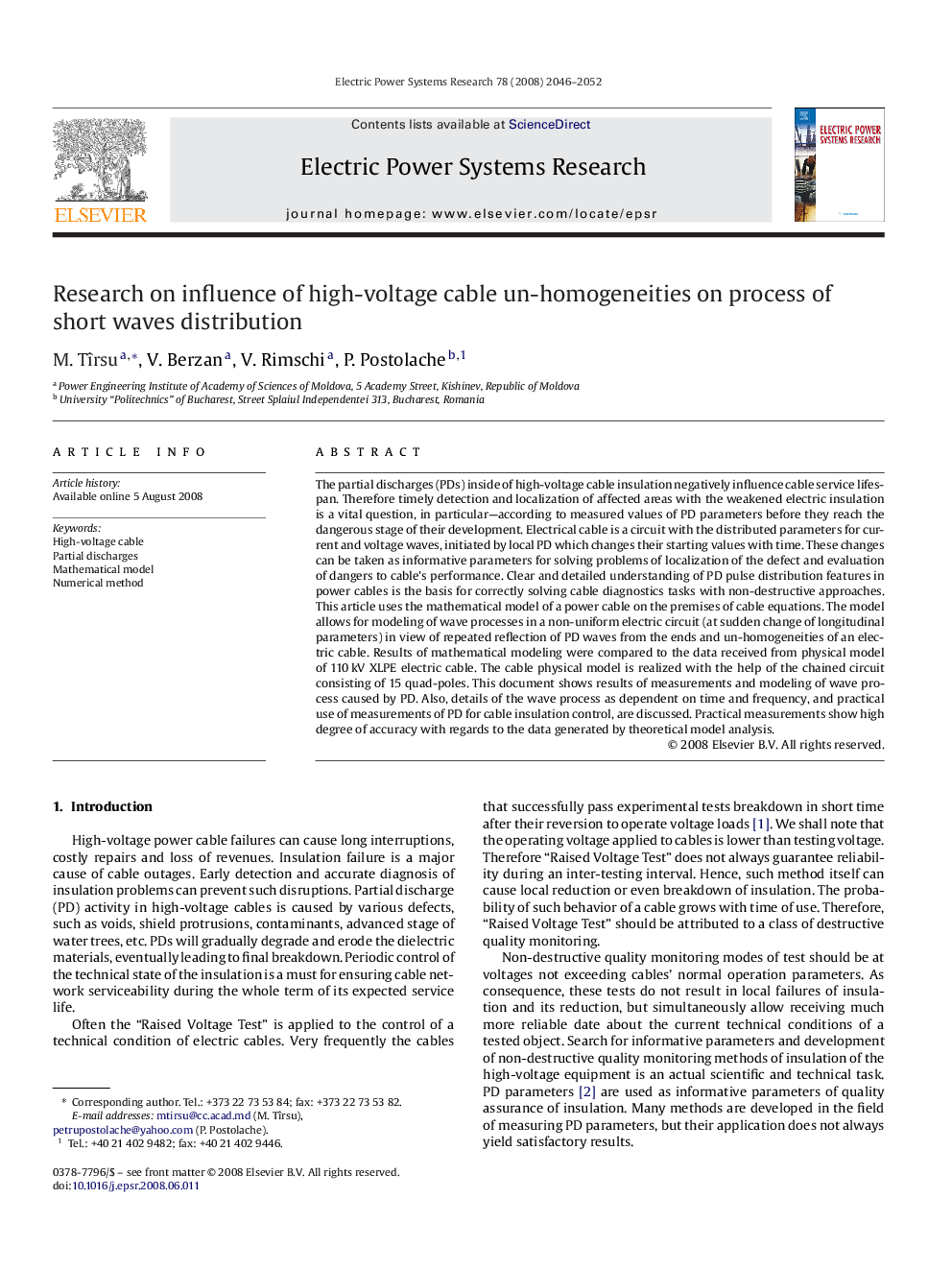 Research on influence of high-voltage cable un-homogeneities on process of short waves distribution