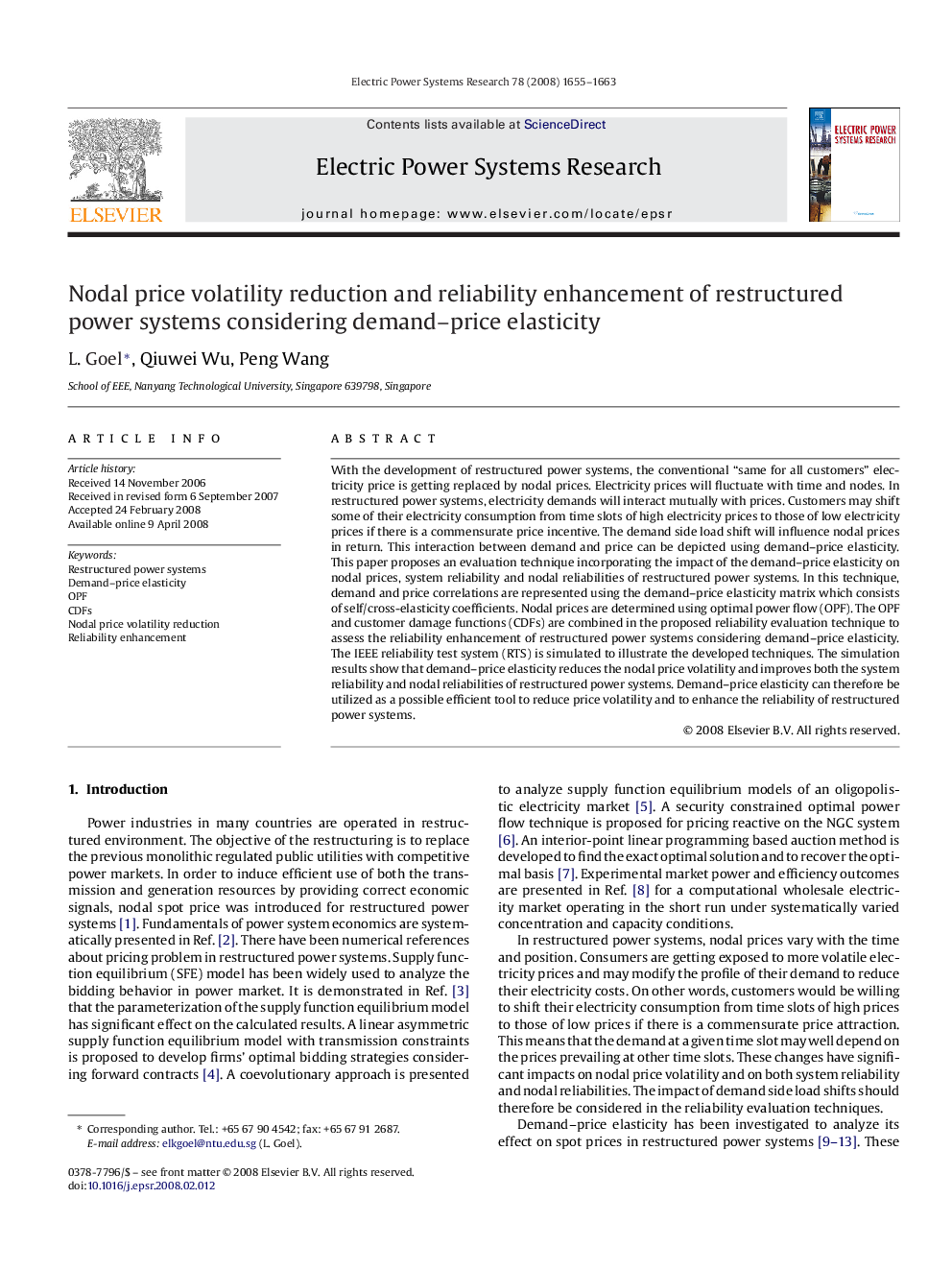 Nodal price volatility reduction and reliability enhancement of restructured power systems considering demand–price elasticity