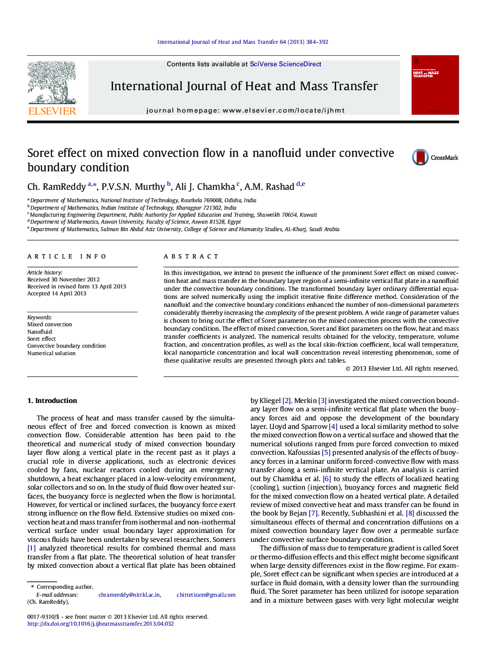 Soret effect on mixed convection flow in a nanofluid under convective boundary condition