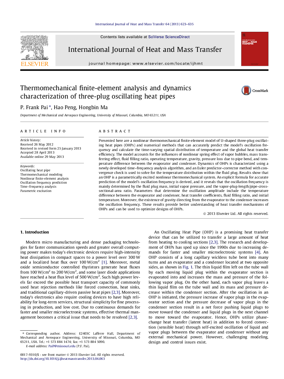 Thermomechanical finite-element analysis and dynamics characterization of three-plug oscillating heat pipes