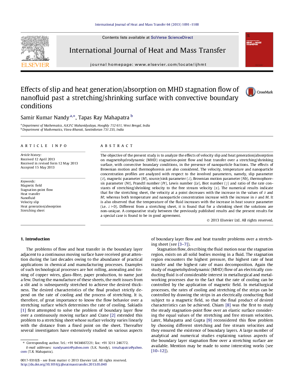 Effects of slip and heat generation/absorption on MHD stagnation flow of nanofluid past a stretching/shrinking surface with convective boundary conditions