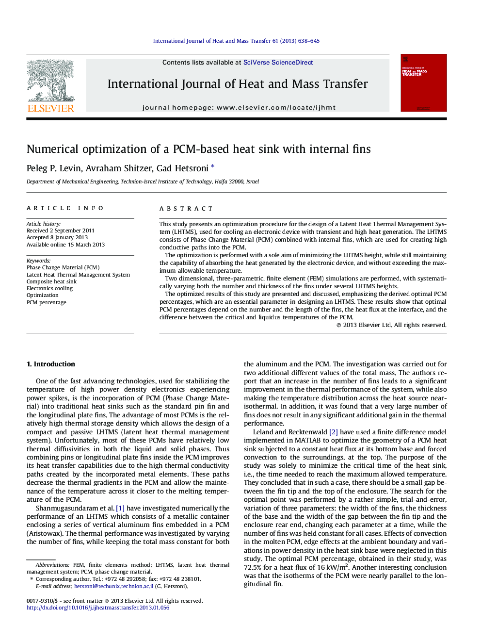 Numerical optimization of a PCM-based heat sink with internal fins