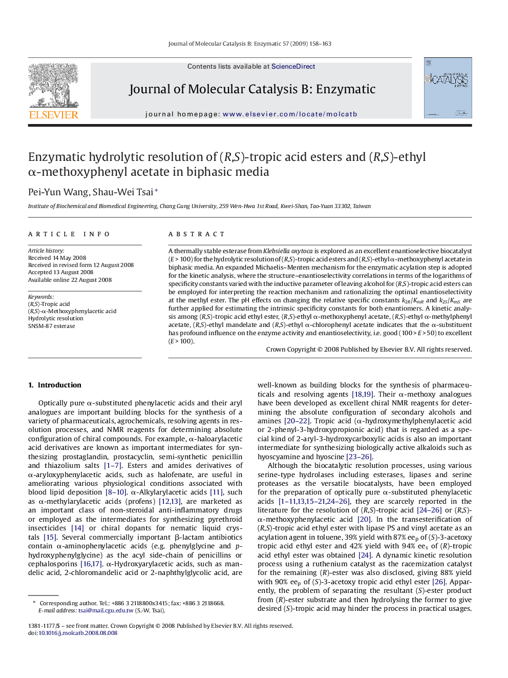 Enzymatic hydrolytic resolution of (R,S)-tropic acid esters and (R,S)-ethyl α-methoxyphenyl acetate in biphasic media