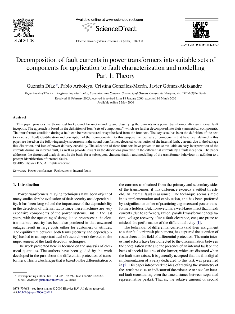 Decomposition of fault currents in power transformers into suitable sets of components for application to fault characterization and modelling: Part 1: Theory