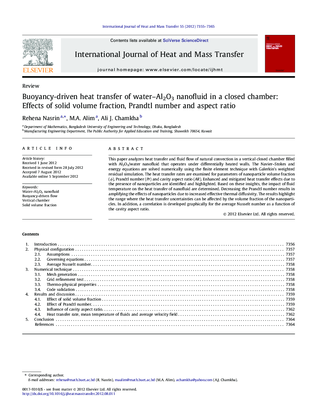 Buoyancy-driven heat transfer of water-Al2O3 nanofluid in a closed chamber: Effects of solid volume fraction, Prandtl number and aspect ratio