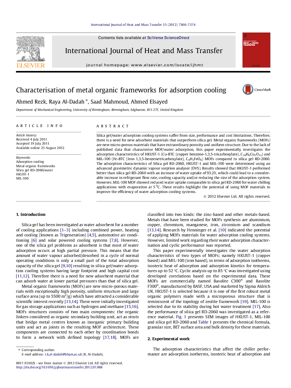 Characterisation of metal organic frameworks for adsorption cooling