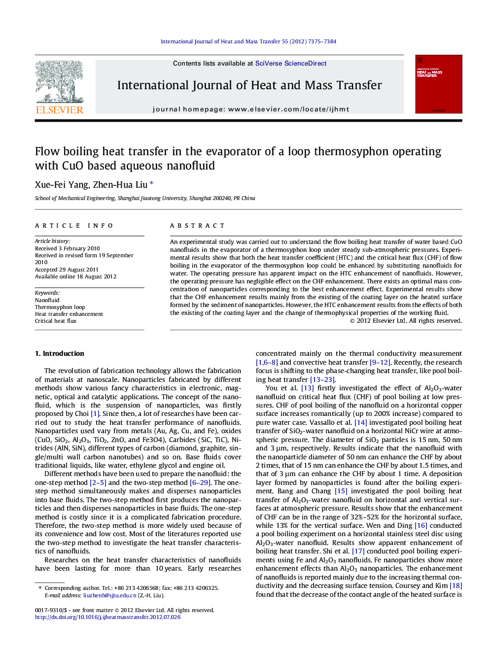 Flow boiling heat transfer in the evaporator of a loop thermosyphon operating with CuO based aqueous nanofluid