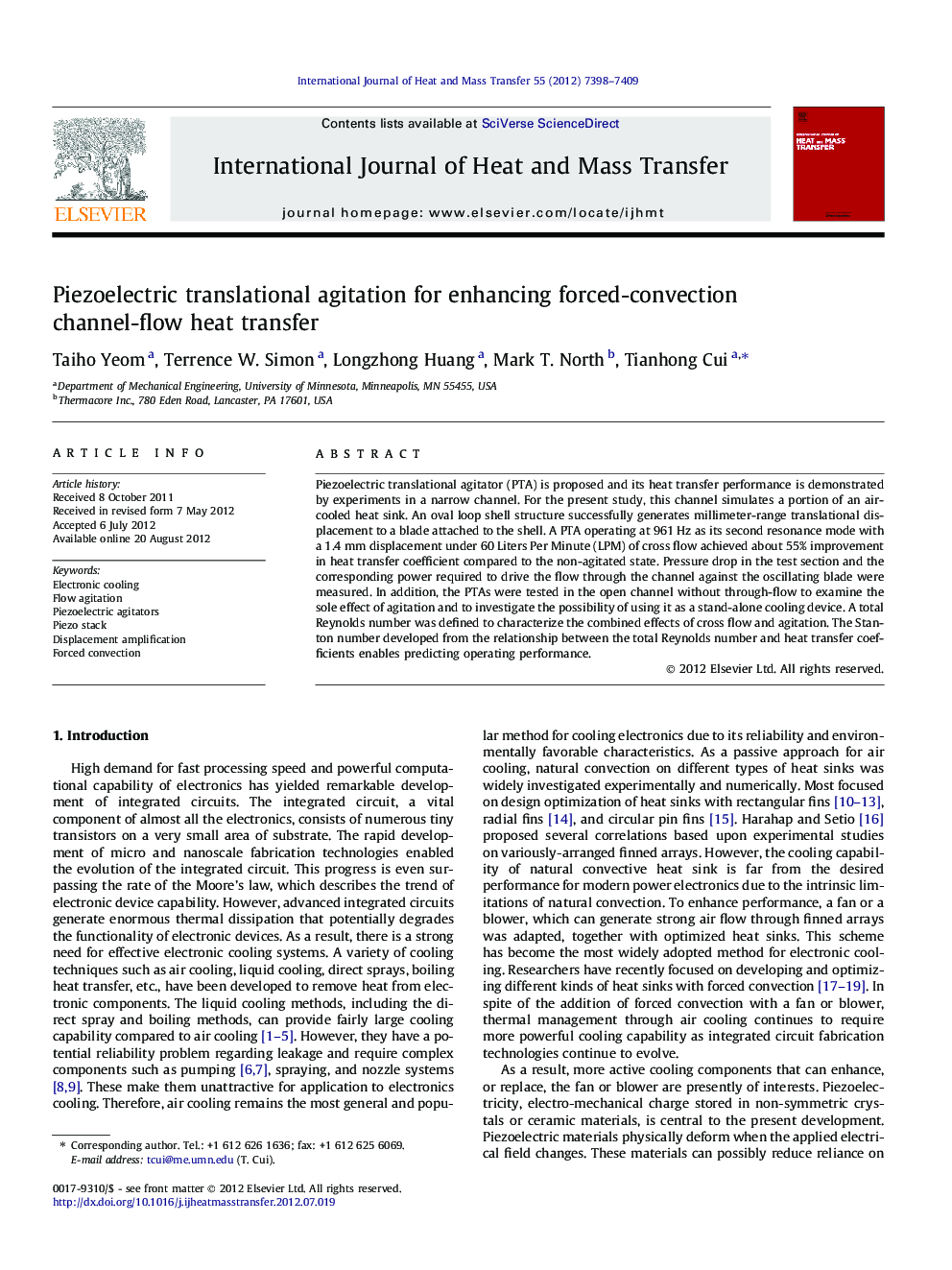 Piezoelectric translational agitation for enhancing forced-convection channel-flow heat transfer