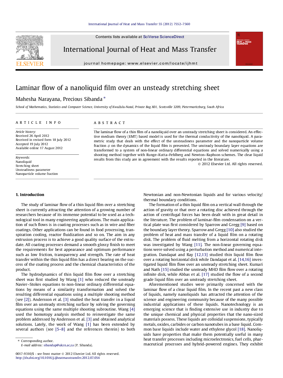 Laminar flow of a nanoliquid film over an unsteady stretching sheet