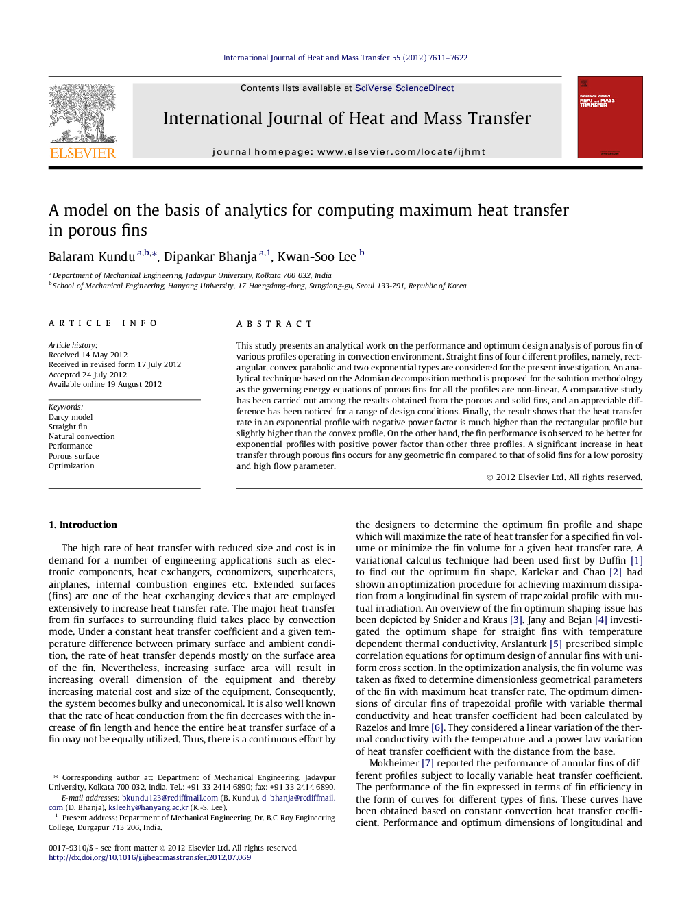 A model on the basis of analytics for computing maximum heat transfer in porous fins