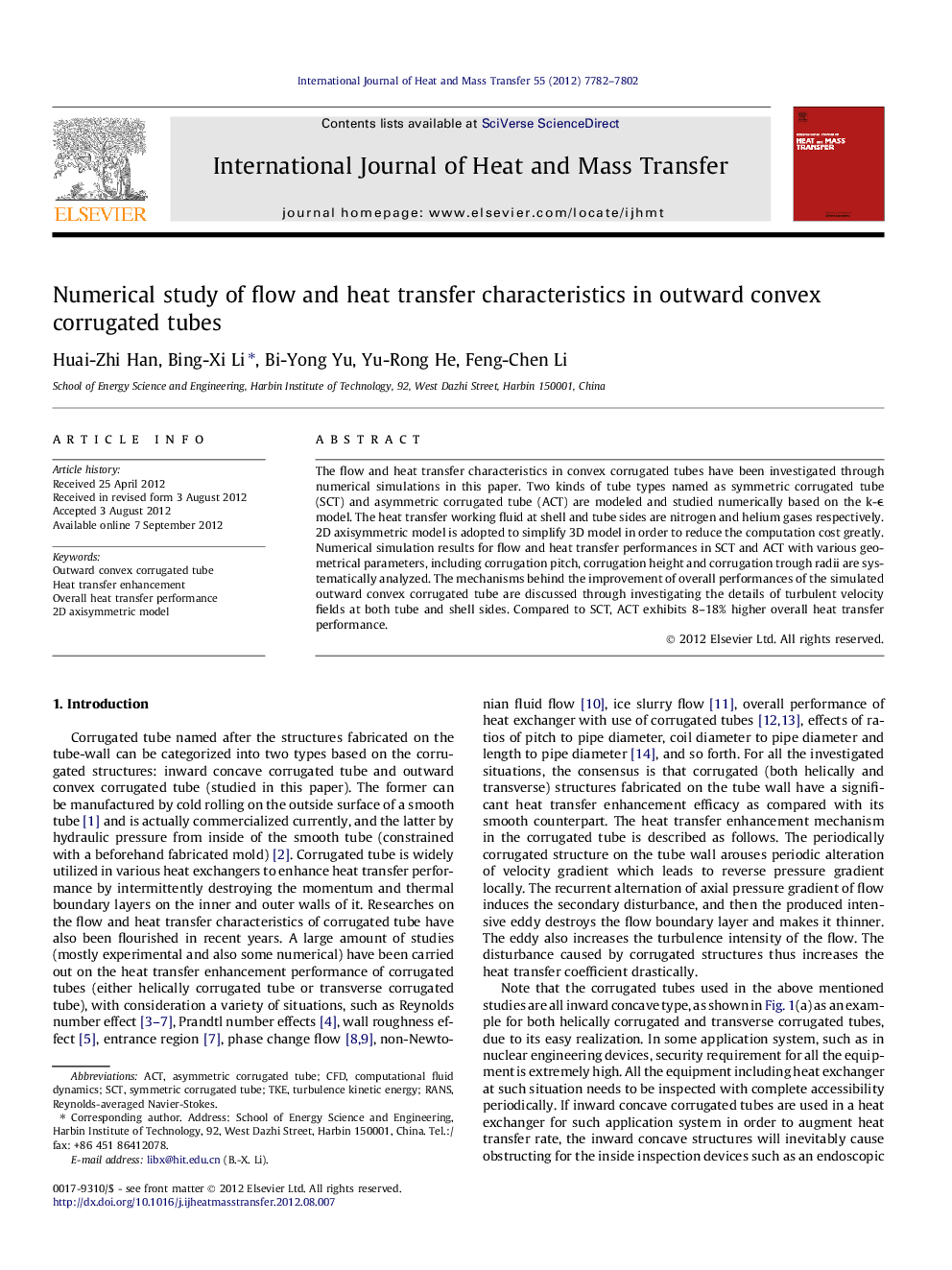 Numerical study of flow and heat transfer characteristics in outward convex corrugated tubes