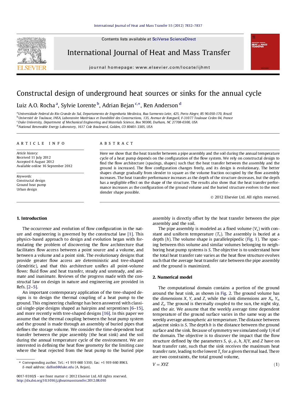 Constructal design of underground heat sources or sinks for the annual cycle