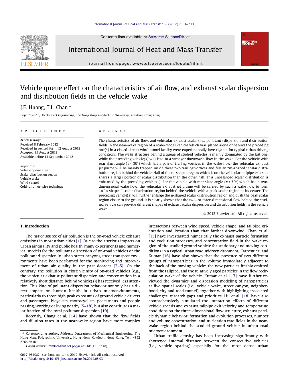 Vehicle queue effect on the characteristics of air flow, and exhaust scalar dispersion and distribution fields in the vehicle wake