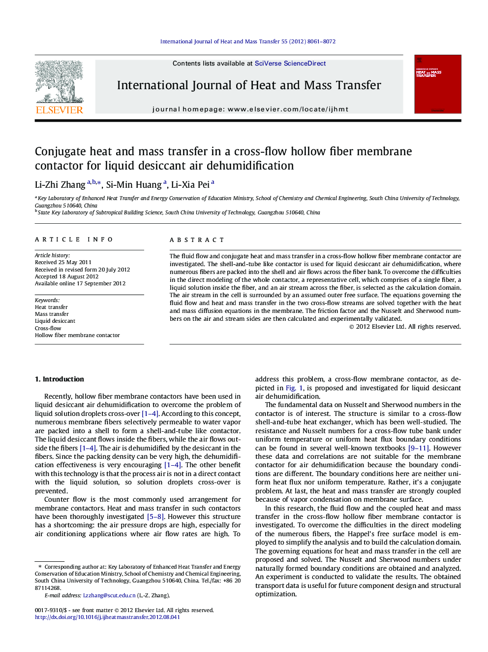 Conjugate heat and mass transfer in a cross-flow hollow fiber membrane contactor for liquid desiccant air dehumidification