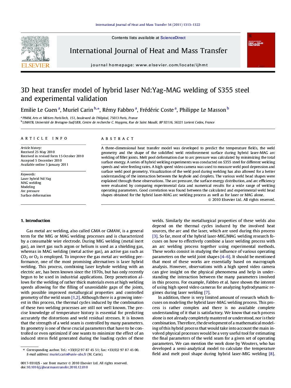 3D heat transfer model of hybrid laser Nd:Yag-MAG welding of S355 steel and experimental validation