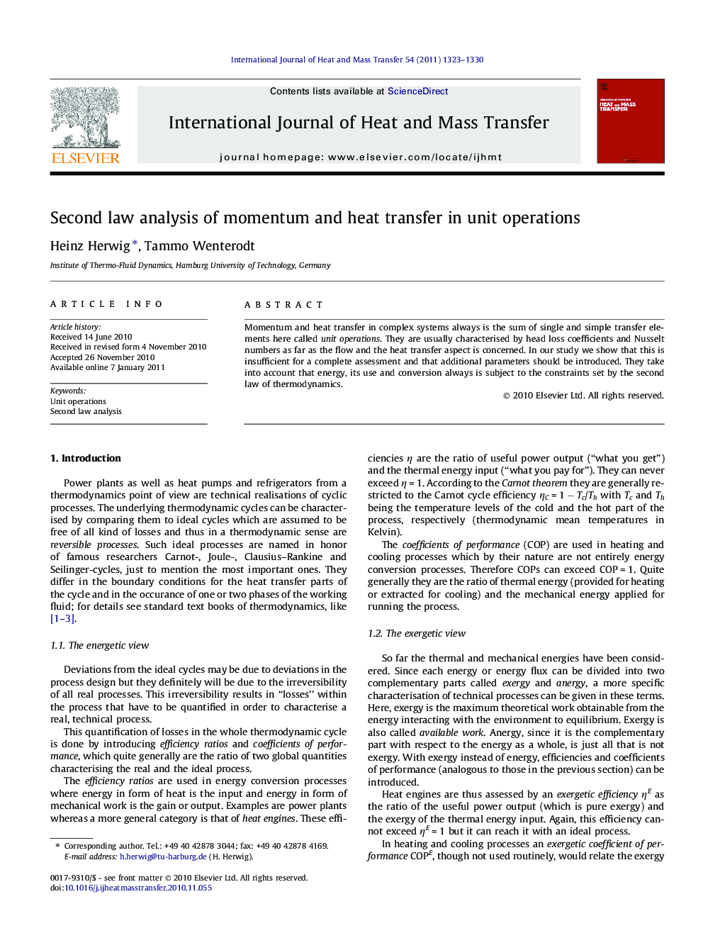 Second law analysis of momentum and heat transfer in unit operations