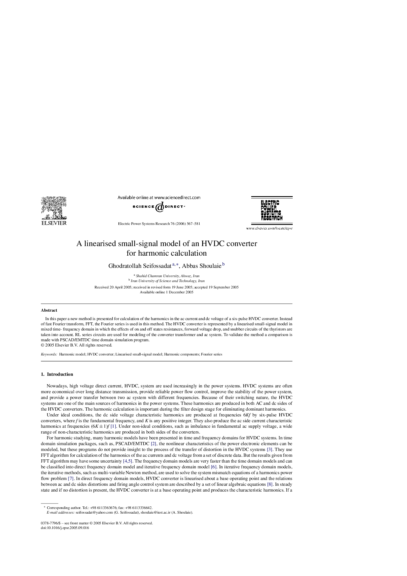 A linearised small-signal model of an HVDC converter for harmonic calculation