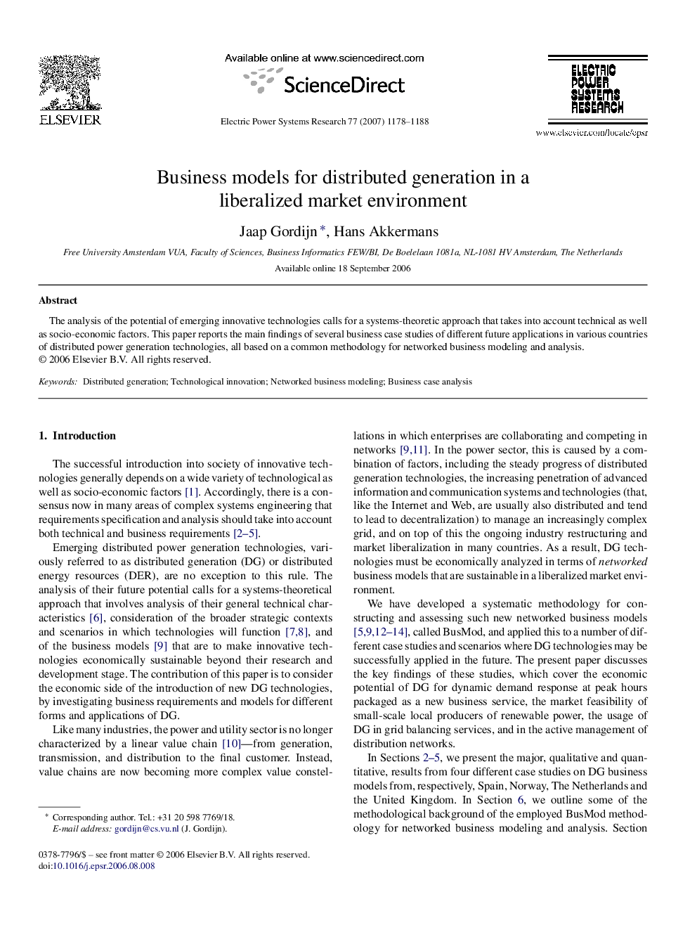 Business models for distributed generation in a liberalized market environment