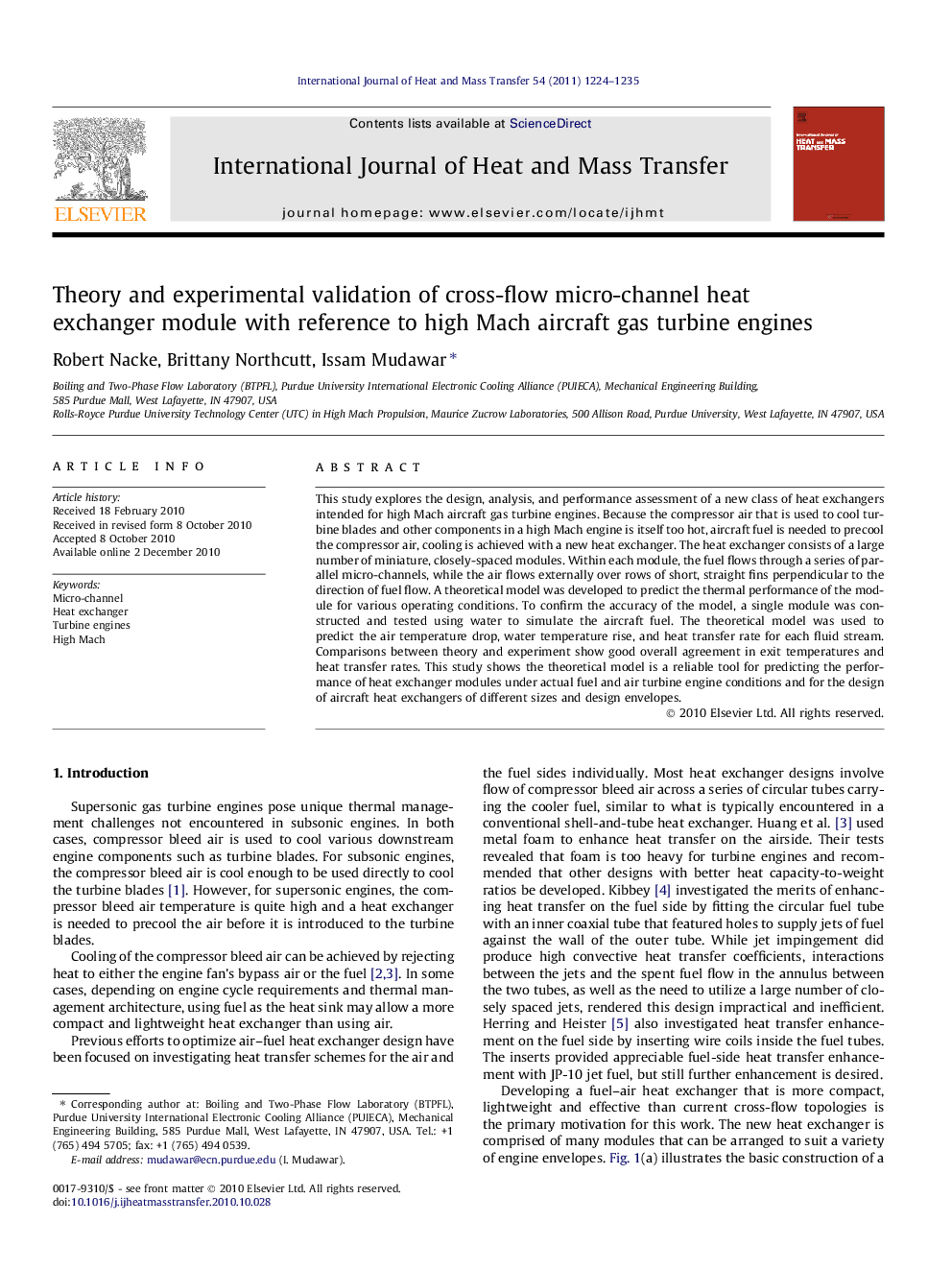 Theory and experimental validation of cross-flow micro-channel heat exchanger module with reference to high Mach aircraft gas turbine engines