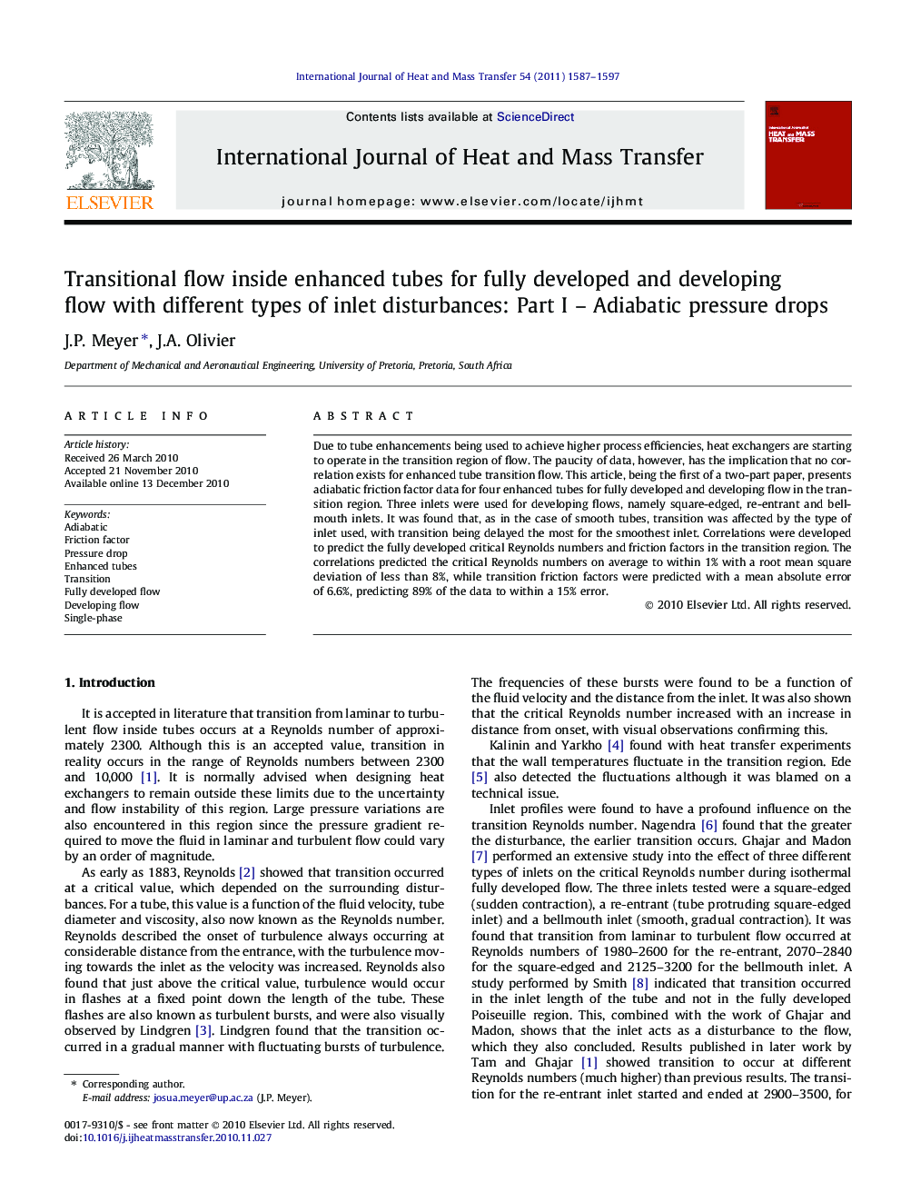 Transitional flow inside enhanced tubes for fully developed and developing flow with different types of inlet disturbances: Part I - Adiabatic pressure drops