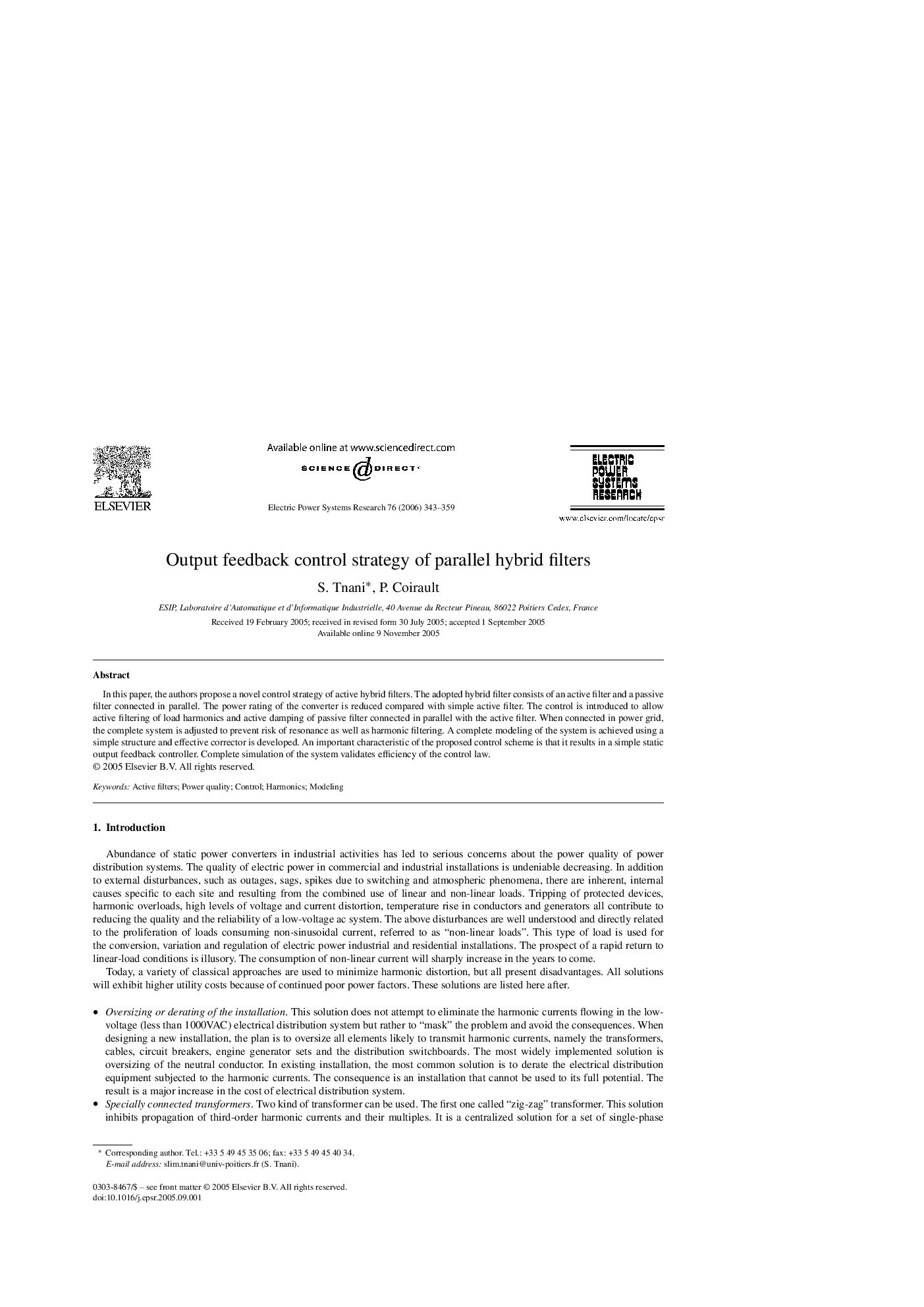 Output feedback control strategy of parallel hybrid filters