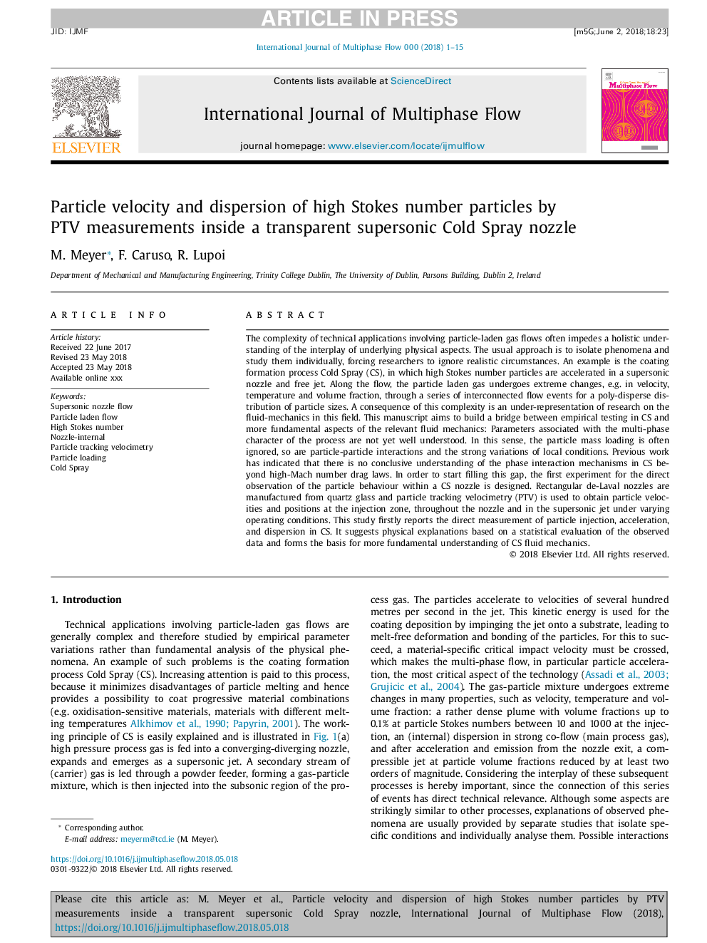 Particle velocity and dispersion of high Stokes number particles by PTV measurements inside a transparent supersonic Cold Spray nozzle