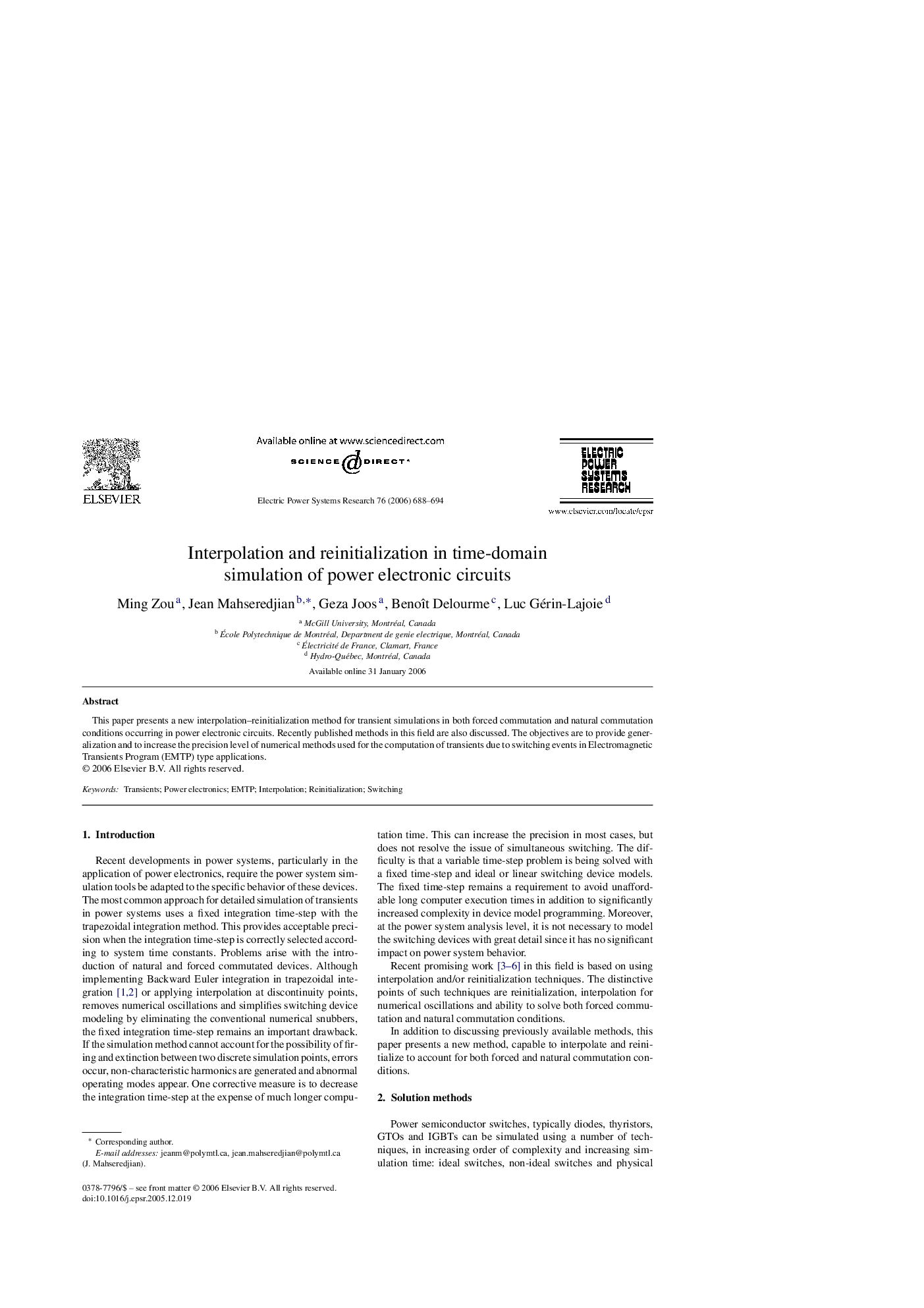 Interpolation and reinitialization in time-domain simulation of power electronic circuits