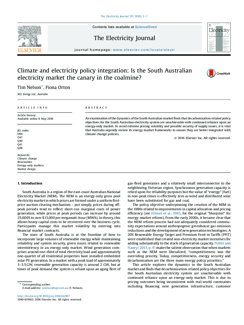 Climate and electricity policy integration: Is the South Australian electricity market the canary in the coalmine?