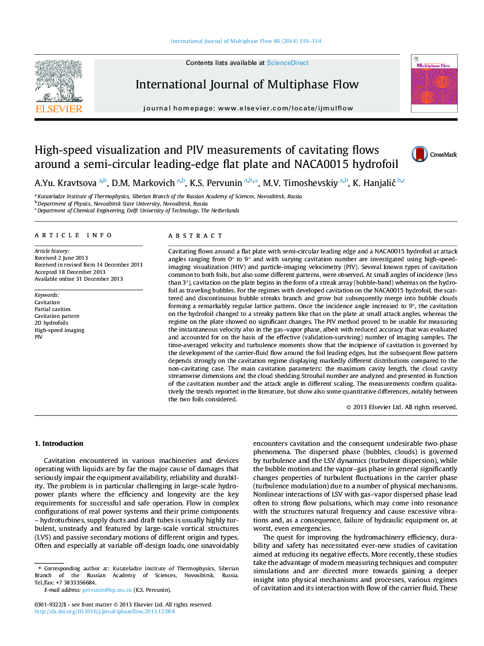 High-speed visualization and PIV measurements of cavitating flows around a semi-circular leading-edge flat plate and NACA0015 hydrofoil