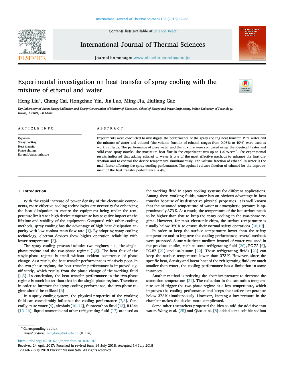 Experimental investigation on heat transfer of spray cooling with the mixture of ethanol and water