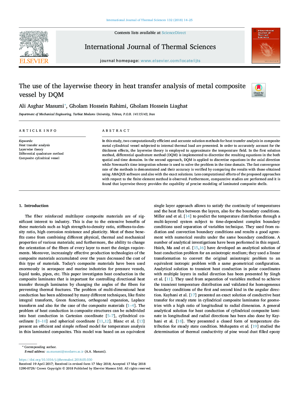 The use of the layerwise theory in heat transfer analysis of metal composite vessel by DQM