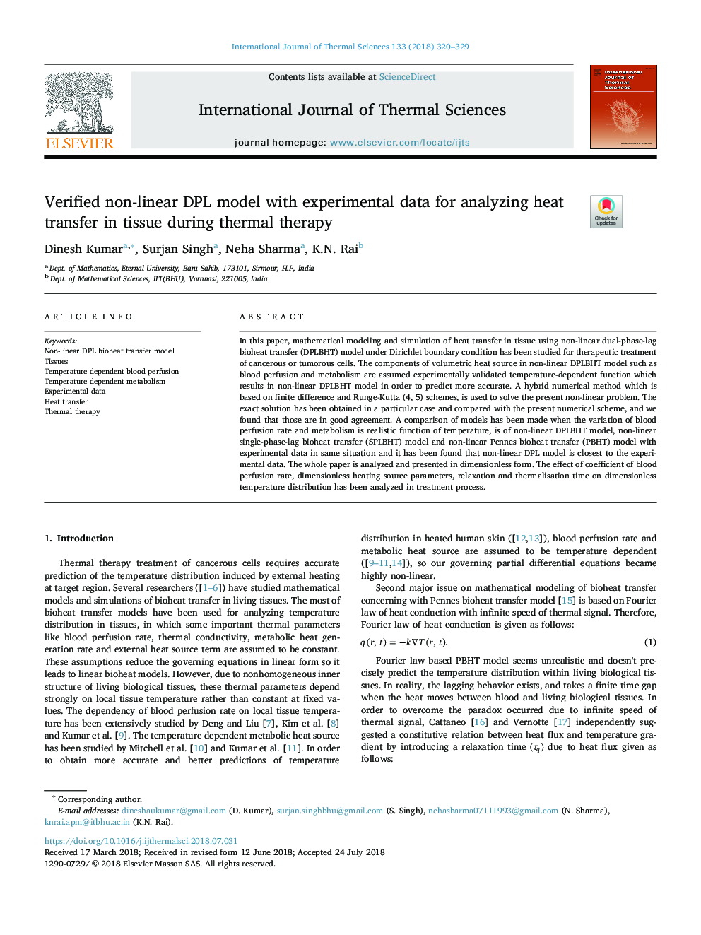 عکس صفحه اول مقاله: Verified non-linear DPL model with experimental data for analyzing heat transfer in tissue during thermal therapy Verified non-linear DPL model with experimental data for analyzing heat transfer in tissue during thermal therapy