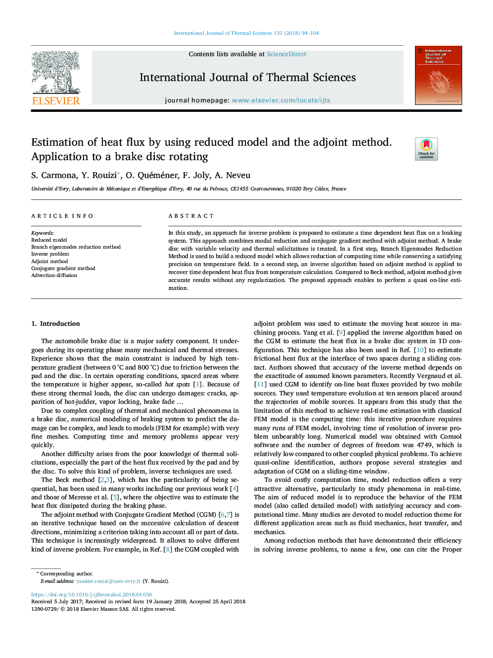 Estimation of heat flux by using reduced model and the adjoint method. Application to a brake disc rotating