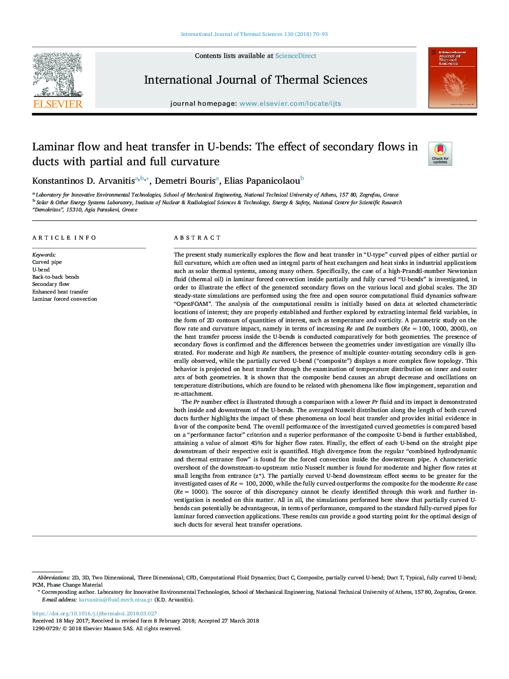 Laminar flow and heat transfer in U-bends: The effect of secondary flows in ducts with partial and full curvature