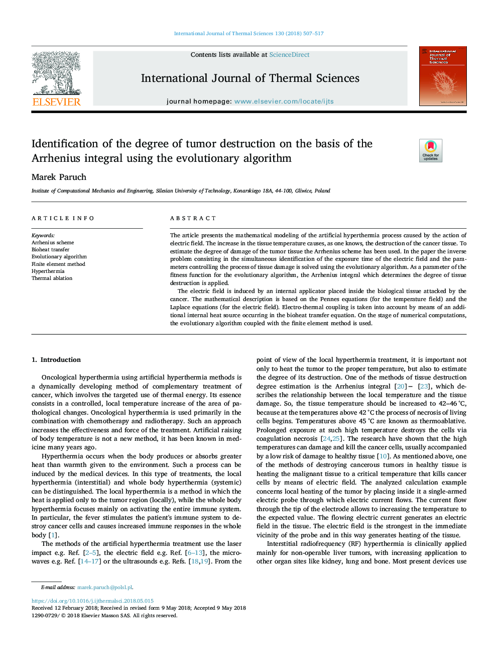 Identification of the degree of tumor destruction on the basis of the Arrhenius integral using the evolutionary algorithm