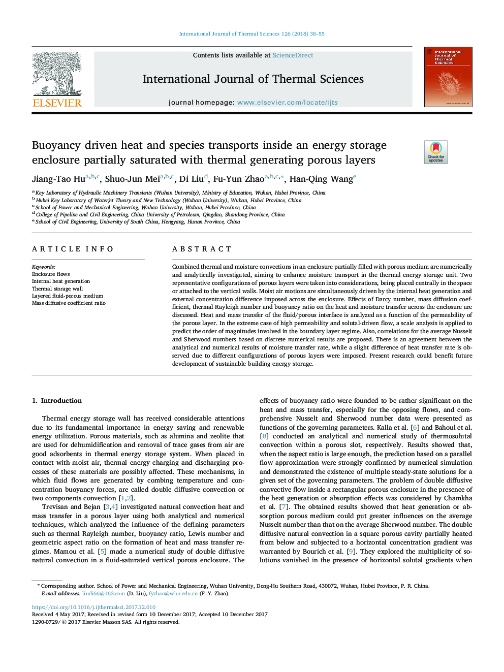 Buoyancy driven heat and species transports inside an energy storage enclosure partially saturated with thermal generating porous layers