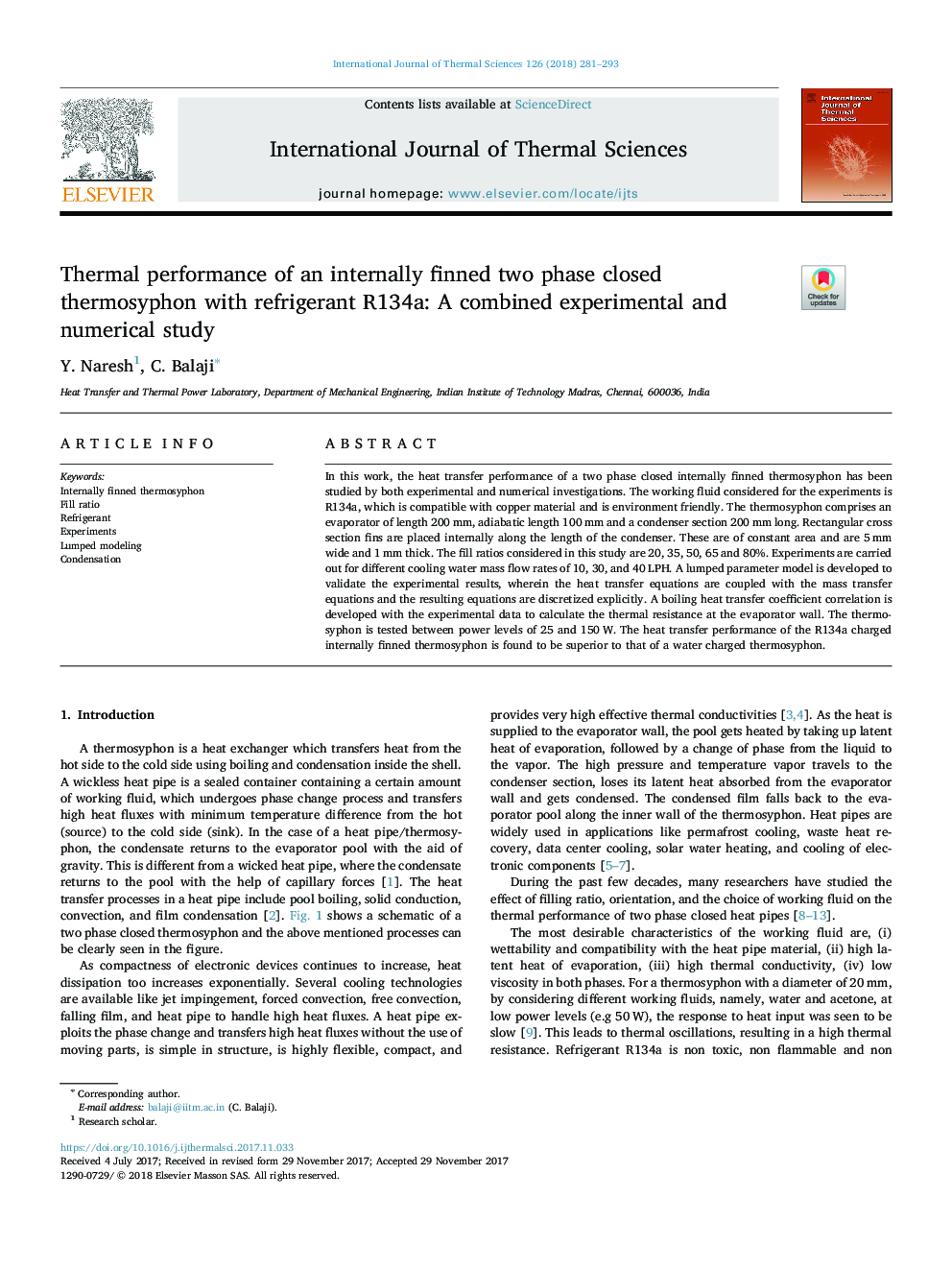 Thermal performance of an internally finned two phase closed thermosyphon with refrigerant R134a: A combined experimental and numerical study