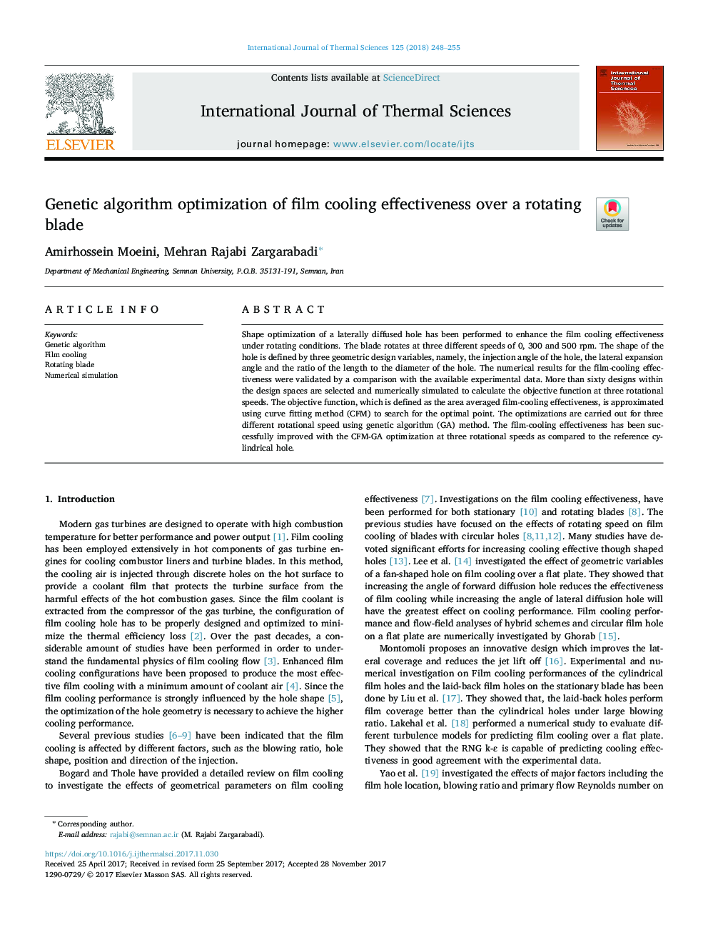 Genetic algorithm optimization of film cooling effectiveness over a rotating blade