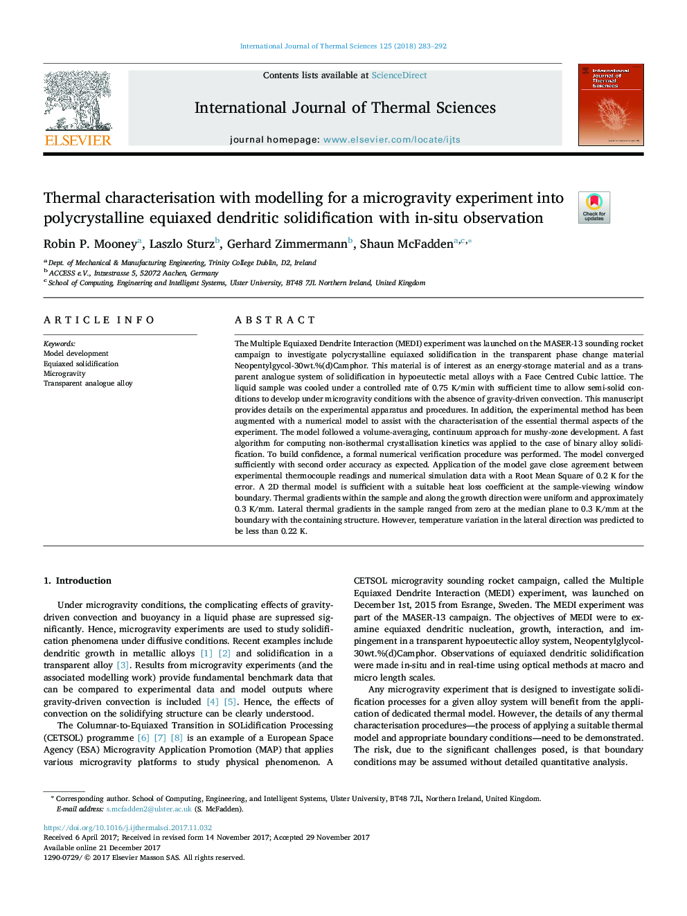 Thermal characterisation with modelling for a microgravity experiment into polycrystalline equiaxed dendritic solidification with in-situ observation