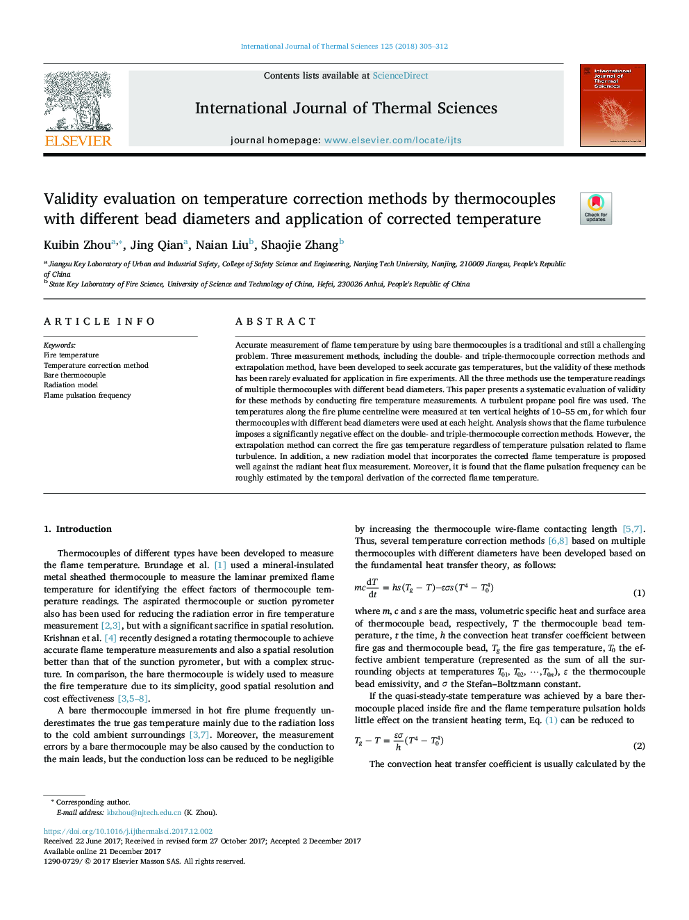 Validity evaluation on temperature correction methods by thermocouples with different bead diameters and application of corrected temperature