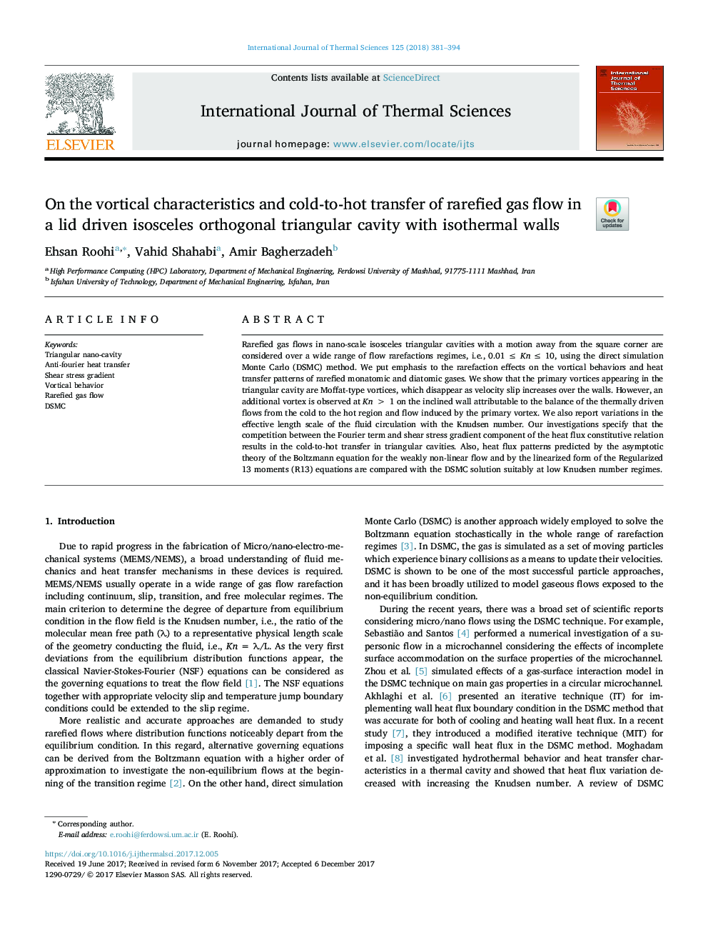 عکس صفحه اول مقاله: On the vortical characteristics and cold-to-hot transfer of rarefied gas flow in a lid driven isosceles orthogonal triangular cavity with isothermal walls On the vortical characteristics and cold-to-hot transfer of rarefied gas flow in a lid driven isosceles orthogonal triangular cavity with isothermal walls