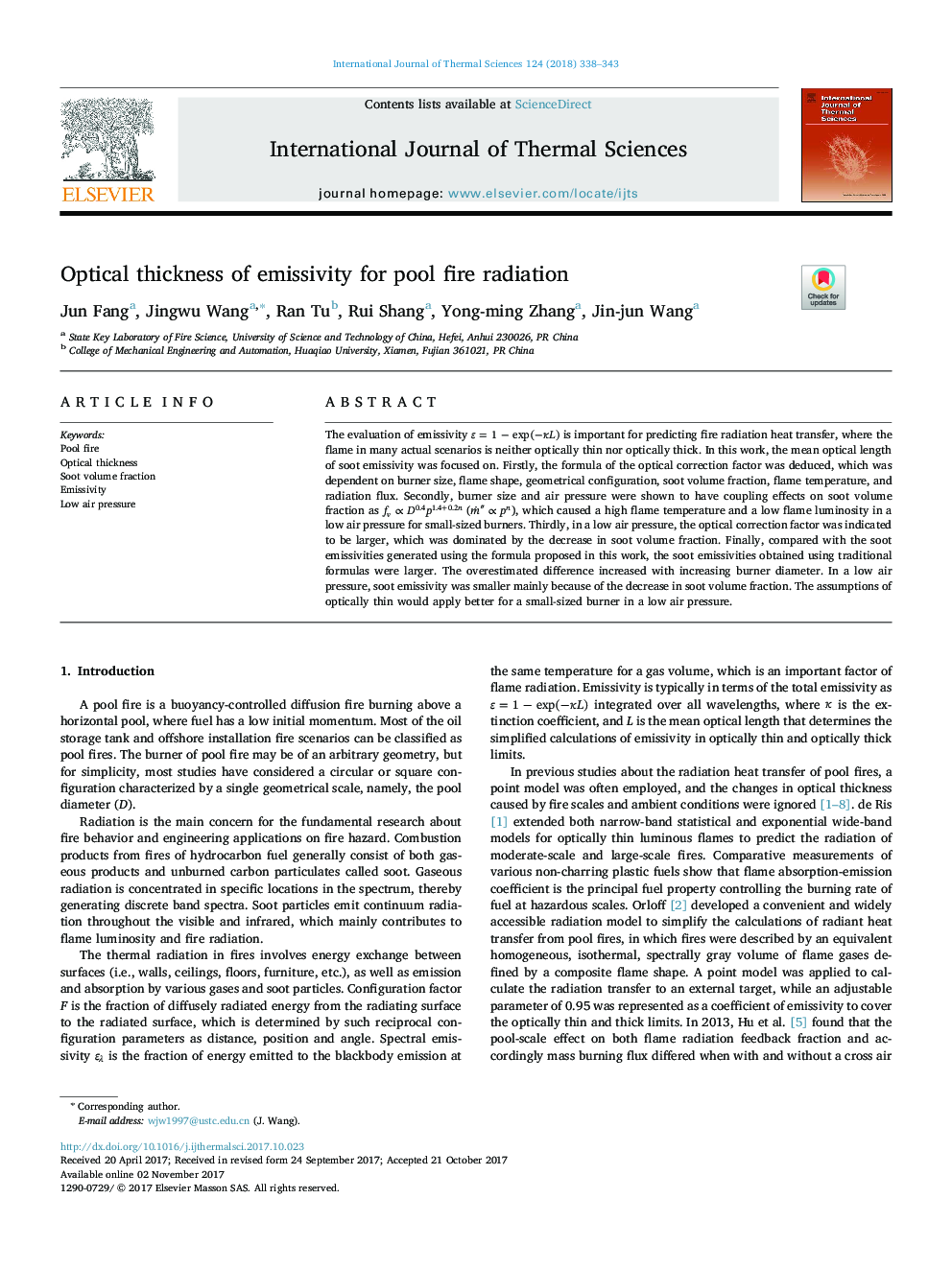 Optical thickness of emissivity for pool fire radiation