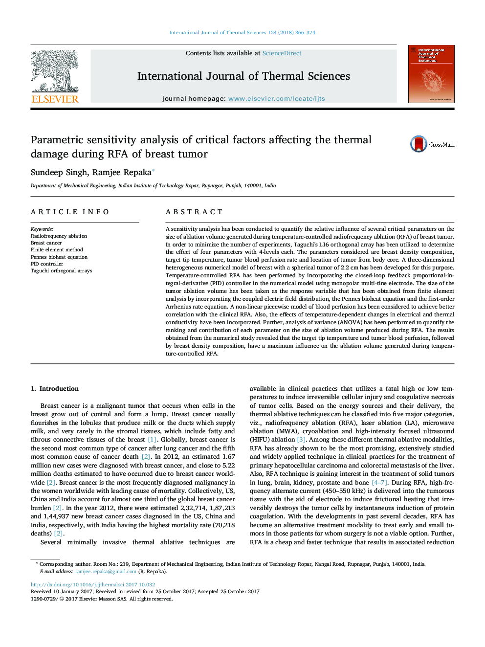 عکس صفحه اول مقاله: Parametric sensitivity analysis of critical factors affecting the thermal damage during RFA of breast tumor Parametric sensitivity analysis of critical factors affecting the thermal damage during RFA of breast tumor