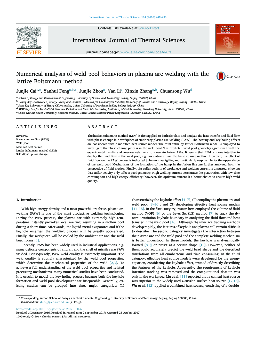 Numerical analysis of weld pool behaviors in plasma arc welding with the lattice Boltzmann method