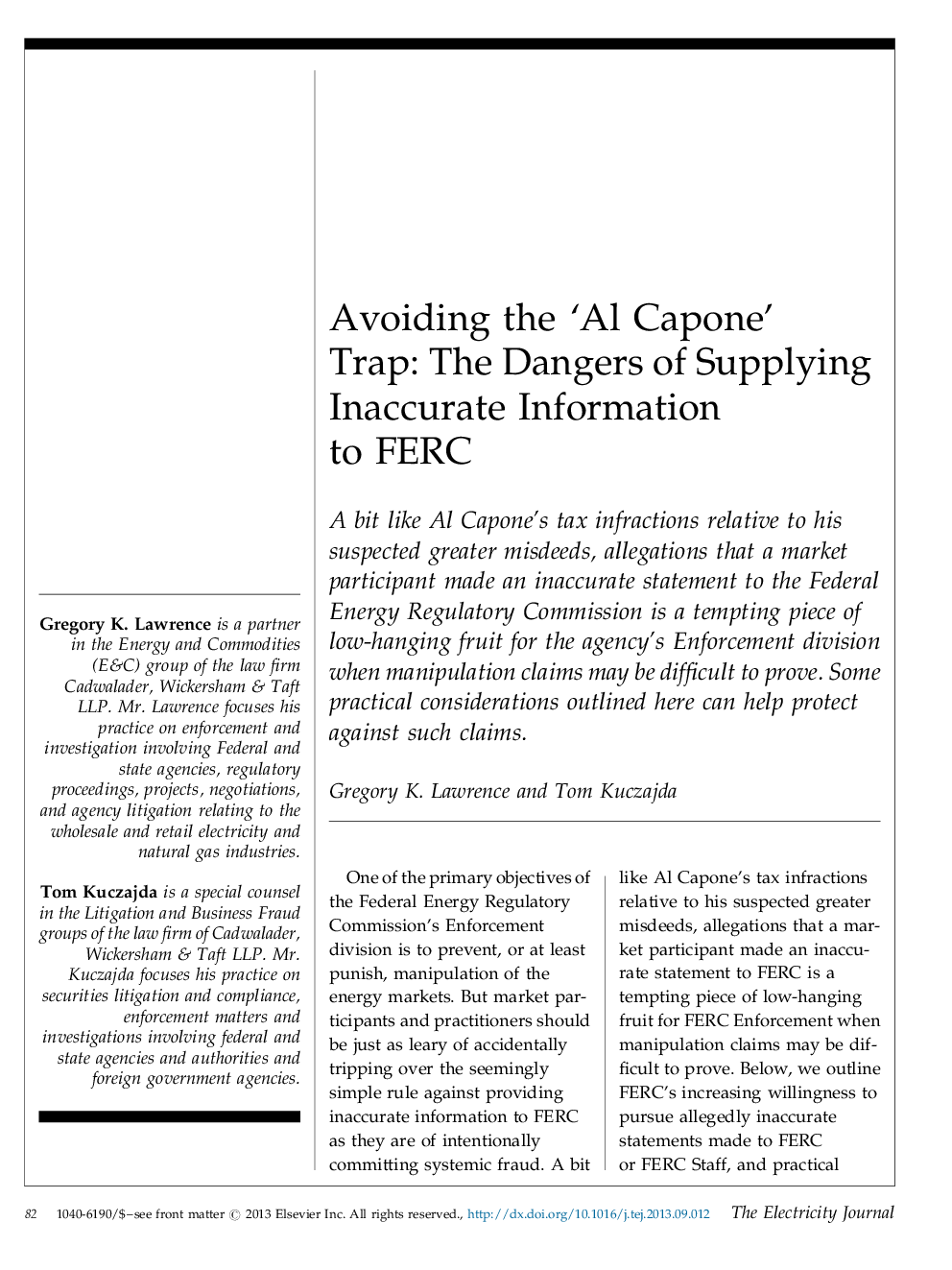 Avoiding the ‘Al Capone’ Trap: The Dangers of Supplying Inaccurate Information to FERC