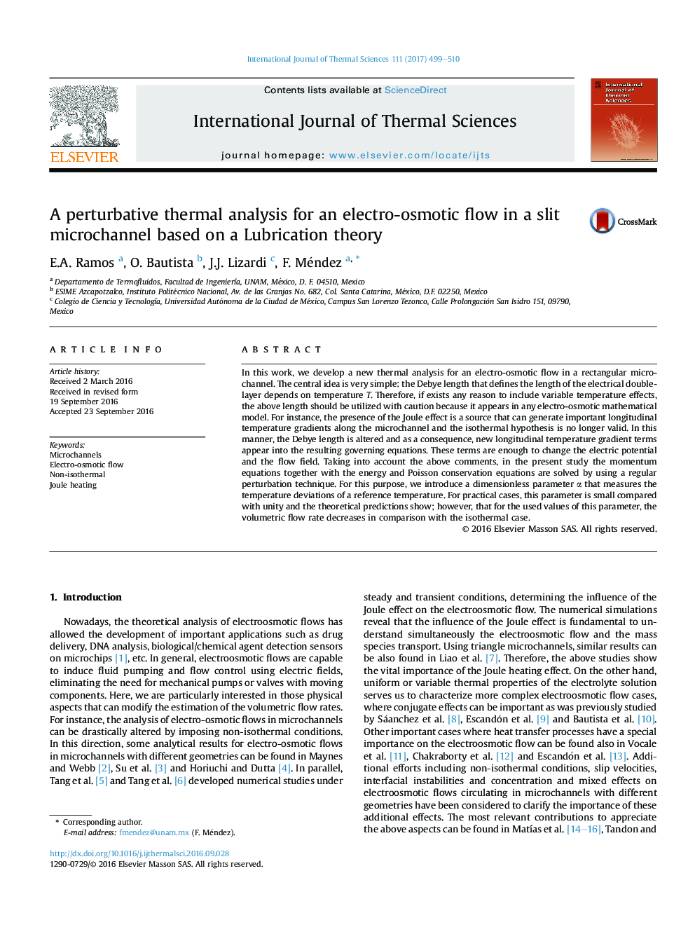 A perturbative thermal analysis for an electro-osmotic flow in a slit microchannel based on a Lubrication theory