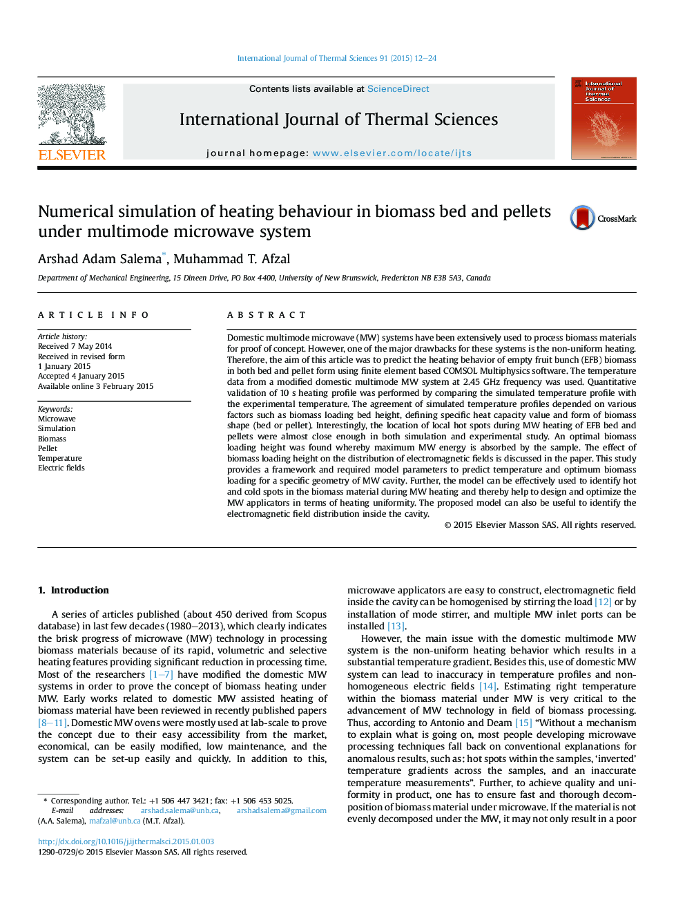 Numerical simulation of heating behaviour in biomass bed and pellets under multimode microwave system